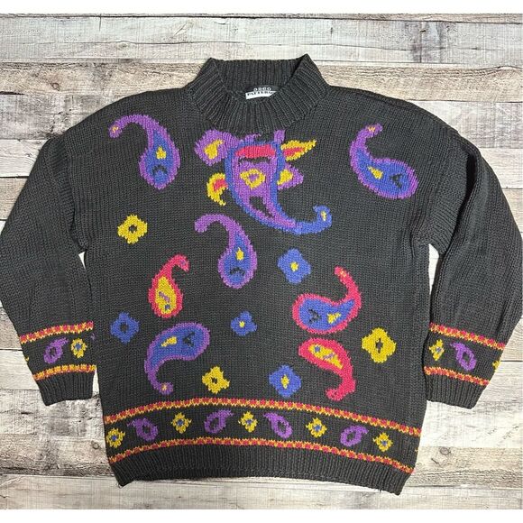 Vintage Funky Boho Paisley Print Chunky Knit Mock Neck Grandma Sweater | Medium - Picture 1 of 6